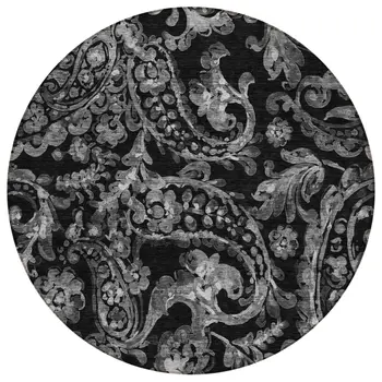 8' Black Gray And Charcoal Round Paisley Washable Indoor Outdoor Area Rug