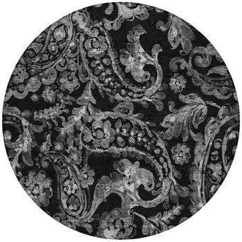 8' Black Gray And Charcoal Round Paisley Washable Indoor Outdoor Area Rug