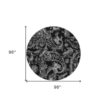 8' Black Gray And Charcoal Round Paisley Washable Indoor Outdoor Area Rug