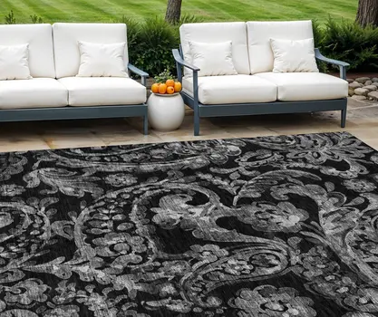 8' X 10' Black Gray And Charcoal Paisley Washable Indoor Outdoor Area Rug