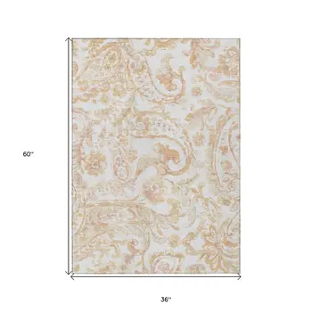3' X 5' Coral Ivory And Peach Paisley Washable Indoor Outdoor Area Rug