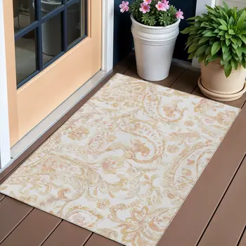3' X 5' Coral Ivory And Peach Paisley Washable Indoor Outdoor Area Rug