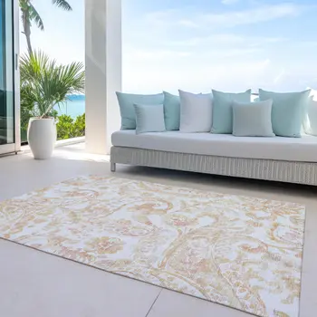 3' X 5' Coral Ivory And Peach Paisley Washable Indoor Outdoor Area Rug