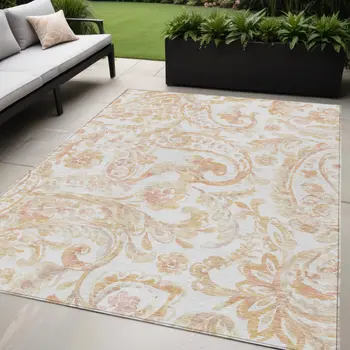 5' X 8' Coral Ivory And Peach Paisley Washable Indoor Outdoor Area Rug
