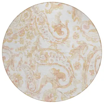8' Coral Ivory And Peach Round Paisley Washable Indoor Outdoor Area Rug