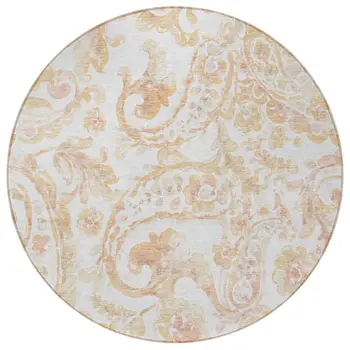8' Coral Ivory And Peach Round Paisley Washable Indoor Outdoor Area Rug