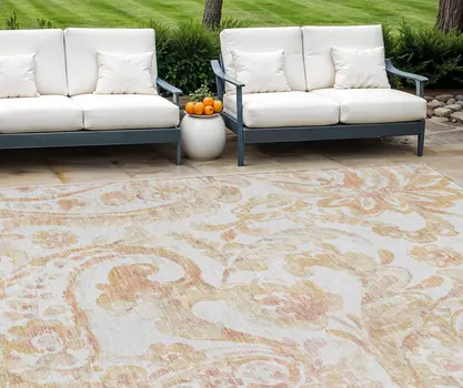 9' X 12' Coral Ivory And Peach Paisley Washable Indoor Outdoor Area Rug