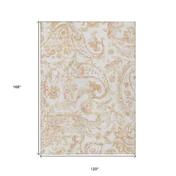 10' X 14' Coral Ivory And Peach Paisley Washable Indoor Outdoor Area Rug