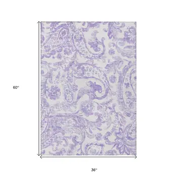 3' X 5' Lavender Ivory And Purple Paisley Washable Indoor Outdoor Area Rug