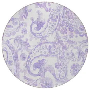 8' Lavender Ivory And Purple Round Paisley Washable Indoor Outdoor Area Rug
