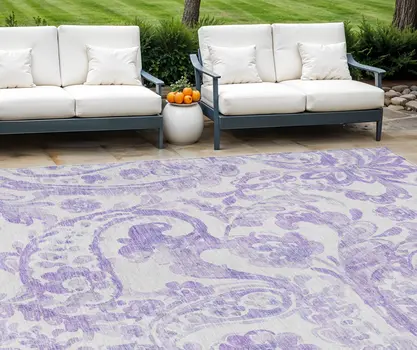 10' X 14' Lavender Ivory And Purple Paisley Washable Indoor Outdoor Area Rug