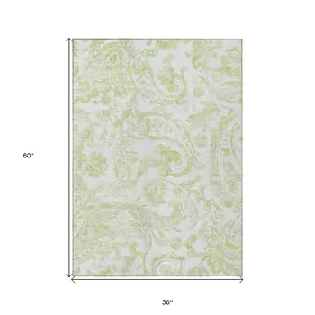 3' X 5' Sage Green And Ivory Paisley Washable Indoor Outdoor Area Rug