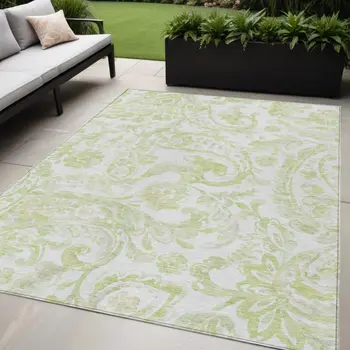 5' X 8' Sage Green And Ivory Paisley Washable Indoor Outdoor Area Rug