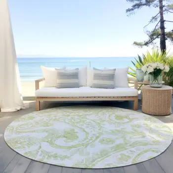 8' Sage Green And Ivory Round Paisley Washable Indoor Outdoor Area Rug