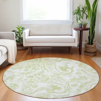 8' Sage Green And Ivory Round Paisley Washable Indoor Outdoor Area Rug
