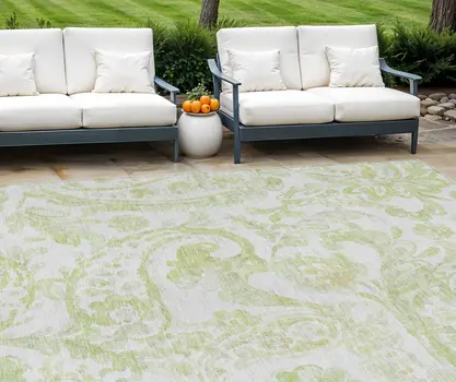 10' X 14' Sage Green And Ivory Paisley Washable Indoor Outdoor Area Rug