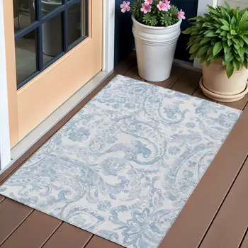 3' X 5' Sky Blue Denim Blue And Ivory Paisley Washable Indoor Outdoor Area Rug