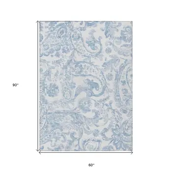 5' X 8' Sky Blue Denim Blue And Ivory Paisley Washable Indoor Outdoor Area Rug