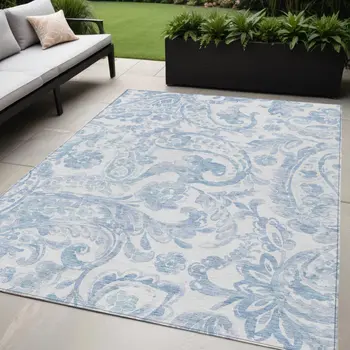 5' X 8' Sky Blue Denim Blue And Ivory Paisley Washable Indoor Outdoor Area Rug