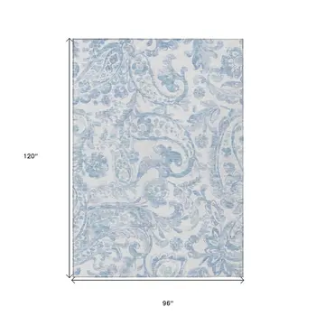 8' X 10' Sky Blue Denim Blue And Ivory Paisley Washable Indoor Outdoor Area Rug