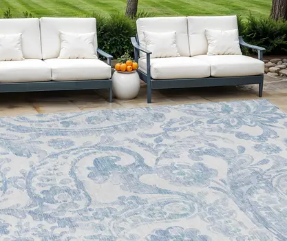 8' X 10' Sky Blue Denim Blue And Ivory Paisley Washable Indoor Outdoor Area Rug