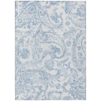 8' X 10' Sky Blue Denim Blue And Ivory Paisley Washable Indoor Outdoor Area Rug