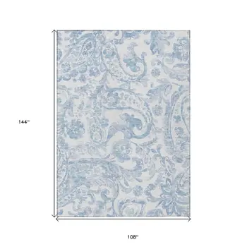 9' X 12' Sky Blue Denim Blue And Ivory Paisley Washable Indoor Outdoor Area Rug