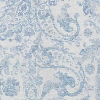 9' X 12' Sky Blue Denim Blue And Ivory Paisley Washable Indoor Outdoor Area Rug