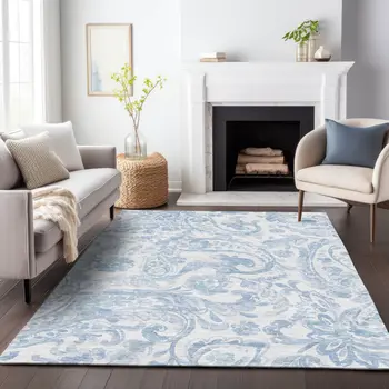 9' X 12' Sky Blue Denim Blue And Ivory Paisley Washable Indoor Outdoor Area Rug