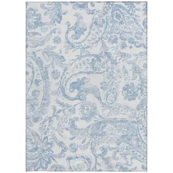 10' X 14' Sky Blue Denim Blue And Ivory Paisley Washable Indoor Outdoor Area Rug