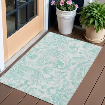 3' X 5' Turquoise And Ivory Paisley Washable Indoor Outdoor Area Rug