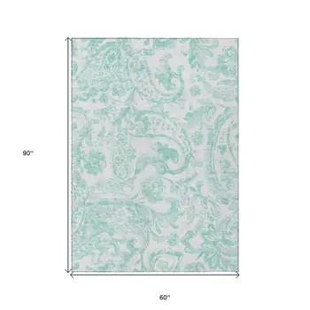 5' X 8' Turquoise And Ivory Paisley Washable Indoor Outdoor Area Rug