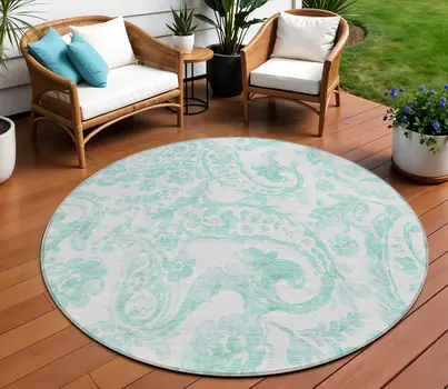 8' Turquoise And Ivory Round Paisley Washable Indoor Outdoor Area Rug