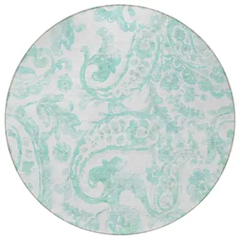 8' Turquoise And Ivory Round Paisley Washable Indoor Outdoor Area Rug