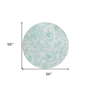 8' Turquoise And Ivory Round Paisley Washable Indoor Outdoor Area Rug