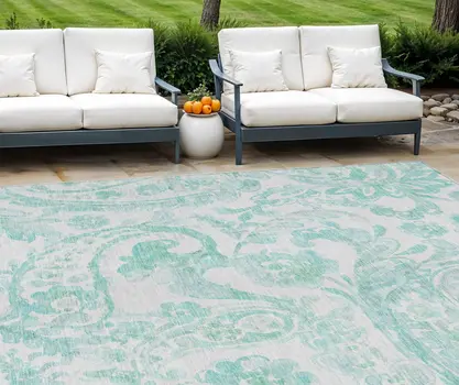 8' X 10' Turquoise And Ivory Paisley Washable Indoor Outdoor Area Rug