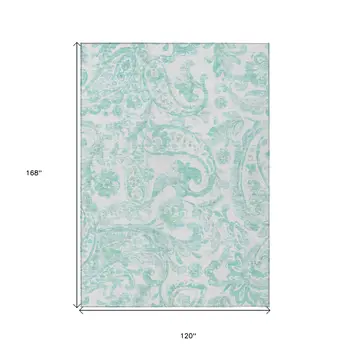 10' X 14' Turquoise And Ivory Paisley Washable Indoor Outdoor Area Rug
