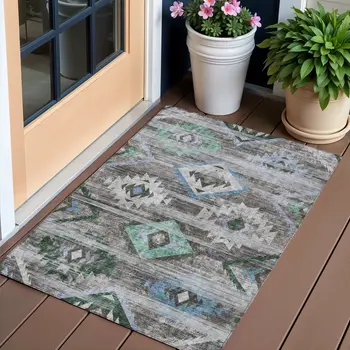 3' X 5' Brown Beige And Blue Southwestern Washable Indoor Outdoor Area Rug