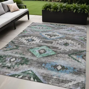 5' X 8' Brown Beige And Blue Southwestern Washable Indoor Outdoor Area Rug