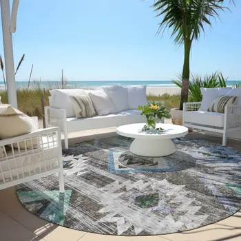 8' Brown Beige And Blue Round Southwestern Washable Indoor Outdoor Area Rug