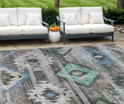 9' X 12' Brown Beige And Blue Southwestern Washable Indoor Outdoor Area Rug