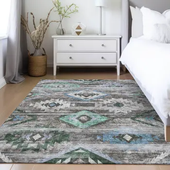10' X 14' Brown Beige And Blue Southwestern Washable Indoor Outdoor Area Rug