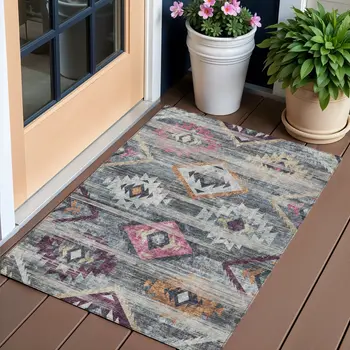 3' X 5' Gray Charcoal And Silver Southwestern Washable Indoor Outdoor Area Rug
