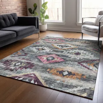 3' X 5' Gray Charcoal And Silver Southwestern Washable Indoor Outdoor Area Rug