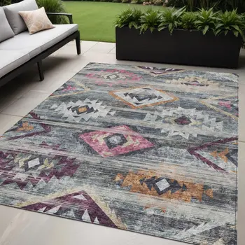 5' X 8' Gray Charcoal And Silver Southwestern Washable Indoor Outdoor Area Rug