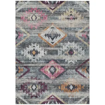 5' X 8' Gray Charcoal And Silver Southwestern Washable Indoor Outdoor Area Rug