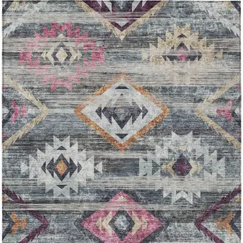 5' X 8' Gray Charcoal And Silver Southwestern Washable Indoor Outdoor Area Rug