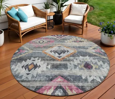 8' Gray Charcoal And Silver Round Southwestern Washable Indoor Outdoor Area Rug