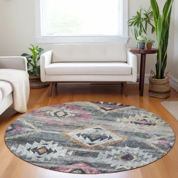 8' Gray Charcoal And Silver Round Southwestern Washable Indoor Outdoor Area Rug