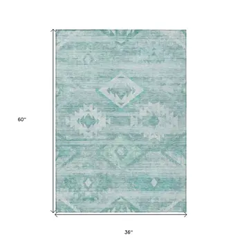 3' X 5' Aqua Turquoise And Ivory Southwestern Washable Indoor Outdoor Area Rug